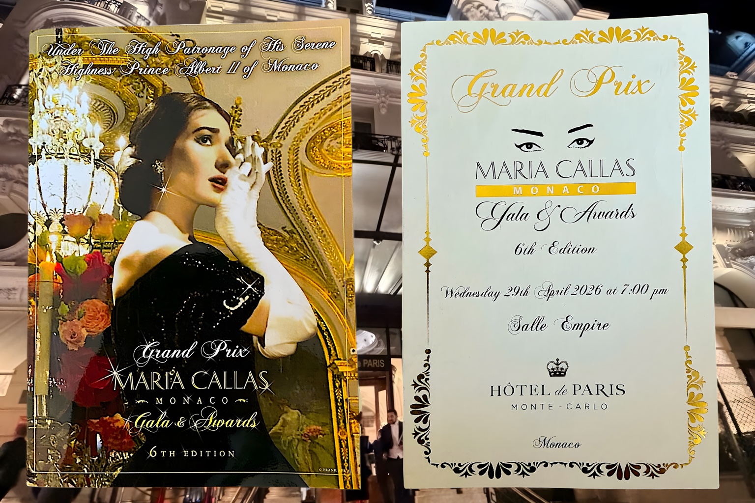 Maria Callas Monaco sixth-edition invitation photographed in front of the Hôtel de Paris, showing the date, venue and event patronage